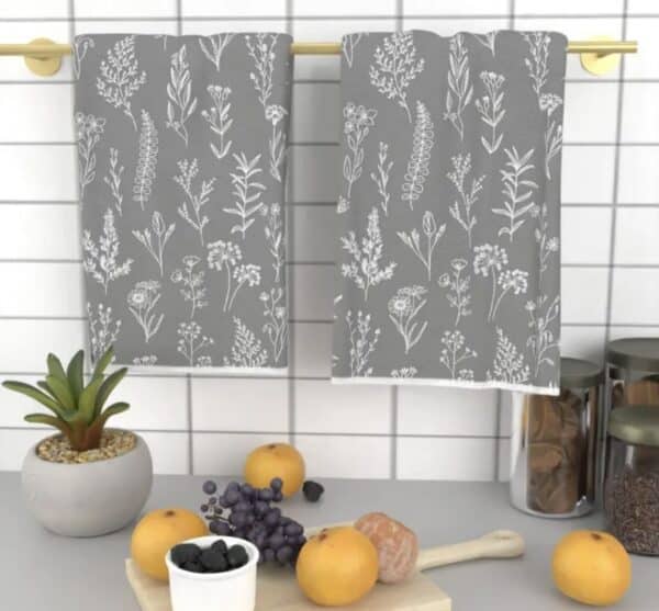 Grey and White Flowers Dish Towel