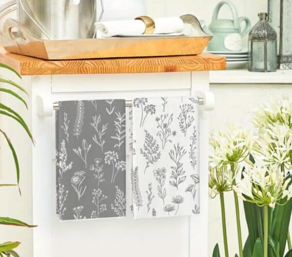 Grey and White Flowers Dish Towel - Image 2